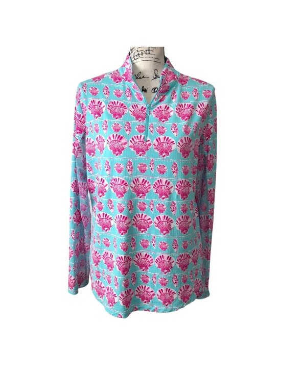 IBKUL Tops - IBKUL Womens Size L Top 1/4 Zip Long Sleeve Aqua Pink Shell Beach Sun-Shirt UPF